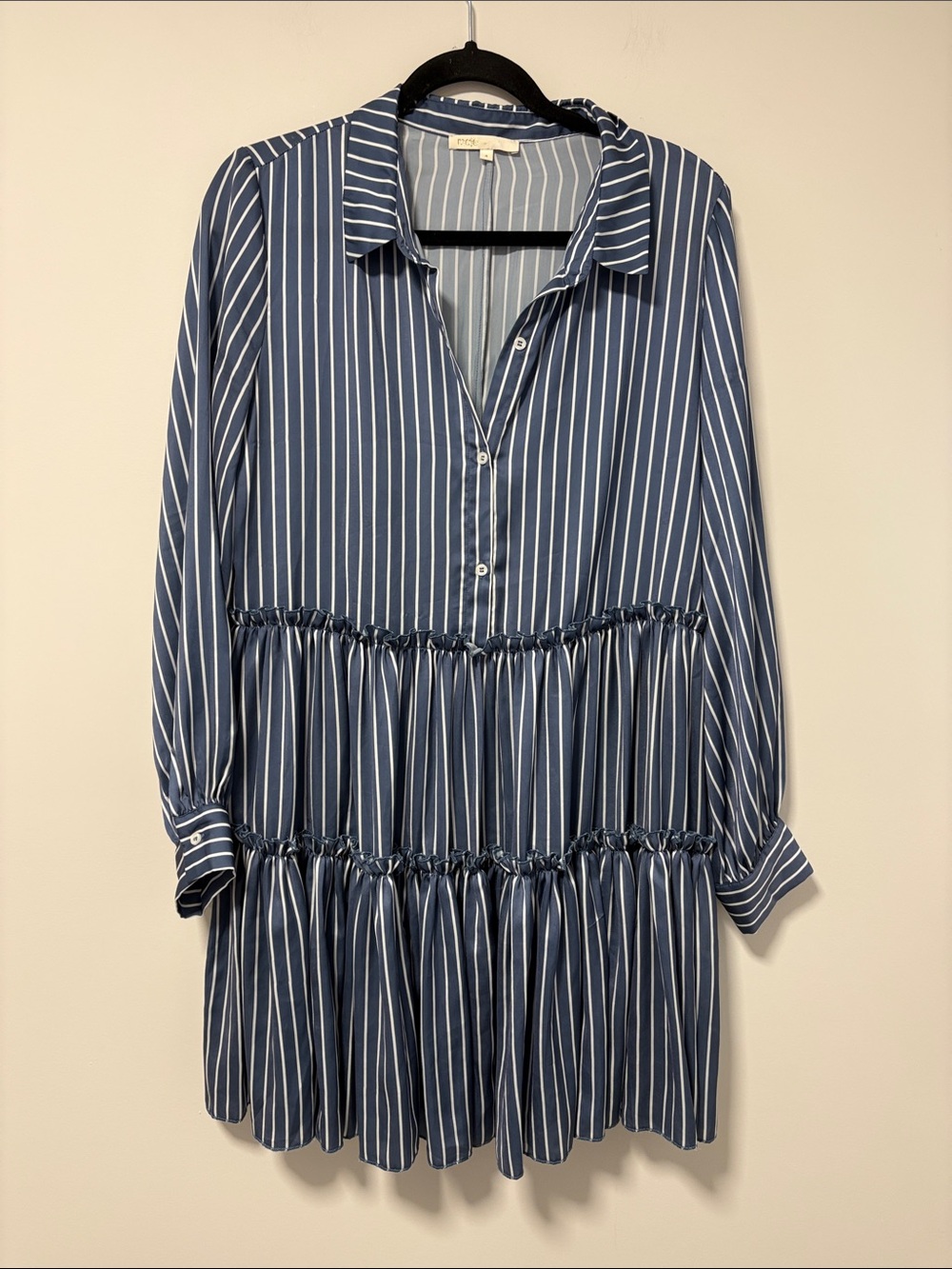 Maje Blue and White Striped Tiered Long-Sleeve Shirt Dress - Picture 2 of 11